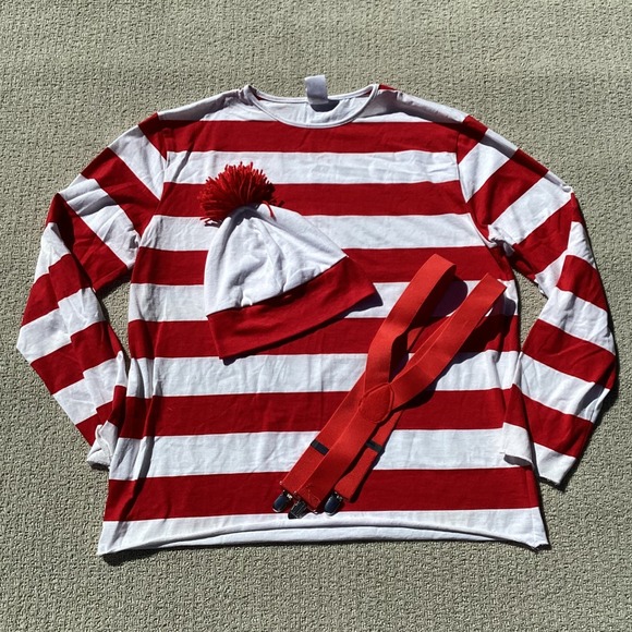 Where's Waldo Costume Adult Spirit Halloween Shirt Hat Glasses Suspenders L/XL - Picture 2 of 4